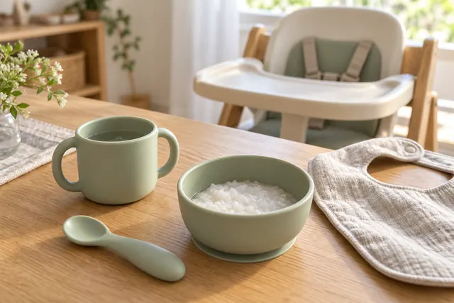 水の入った小さなカップと離乳食の食卓