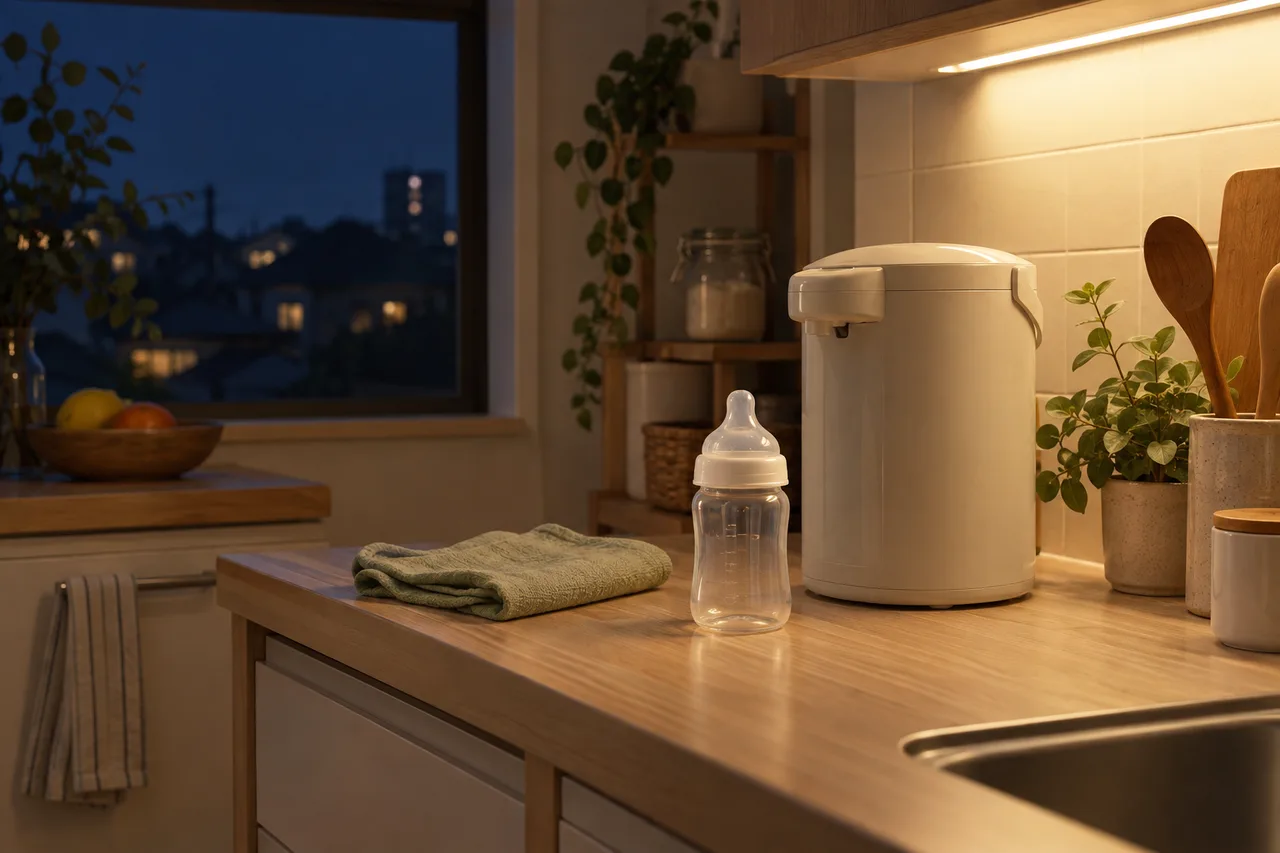 夜の調乳に備えて器具を整えたキッチン