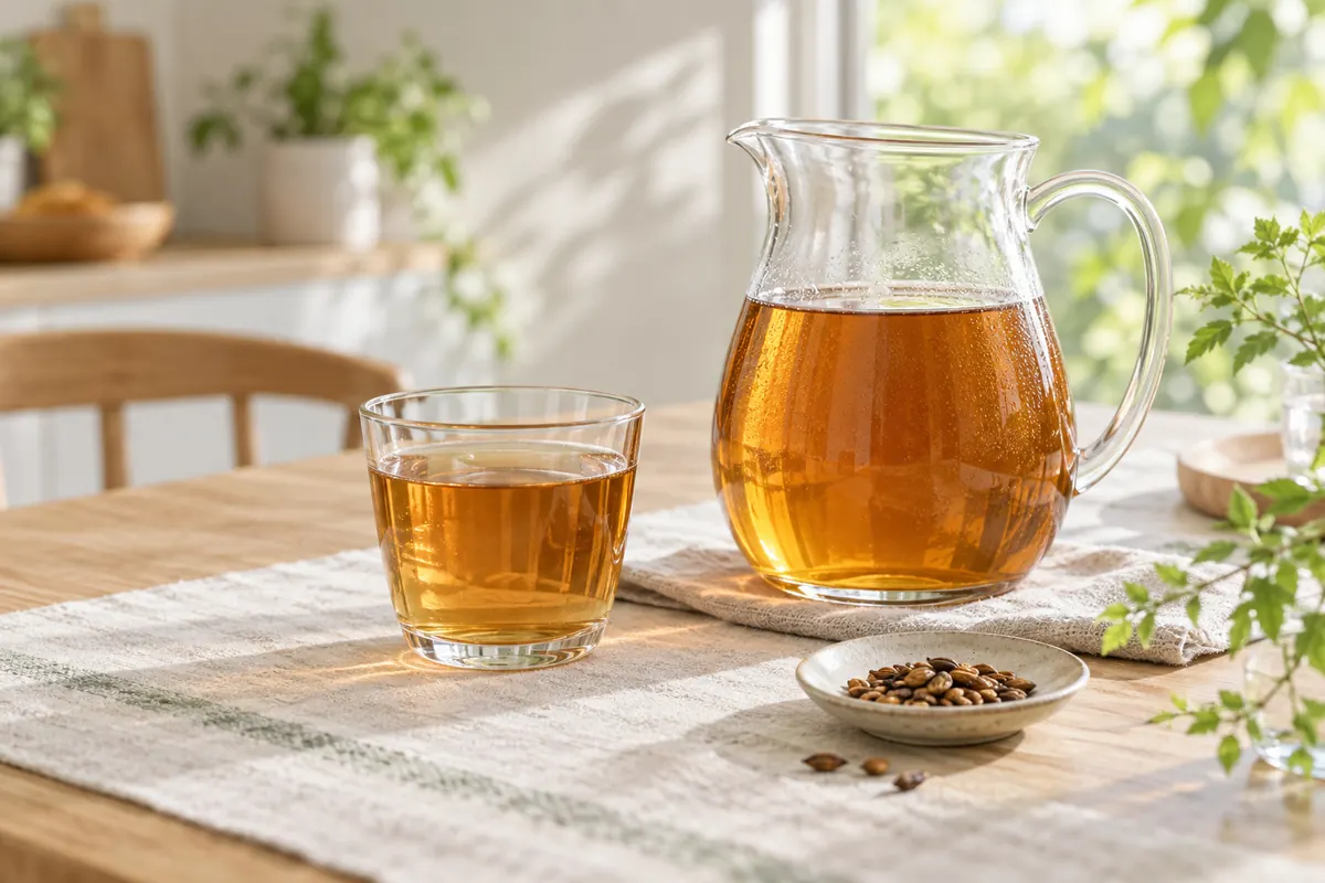 ガラスのピッチャーに入れた麦茶とコップ