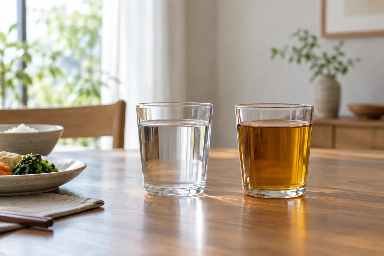 常温の水と麦茶を食卓に並べたイメージ