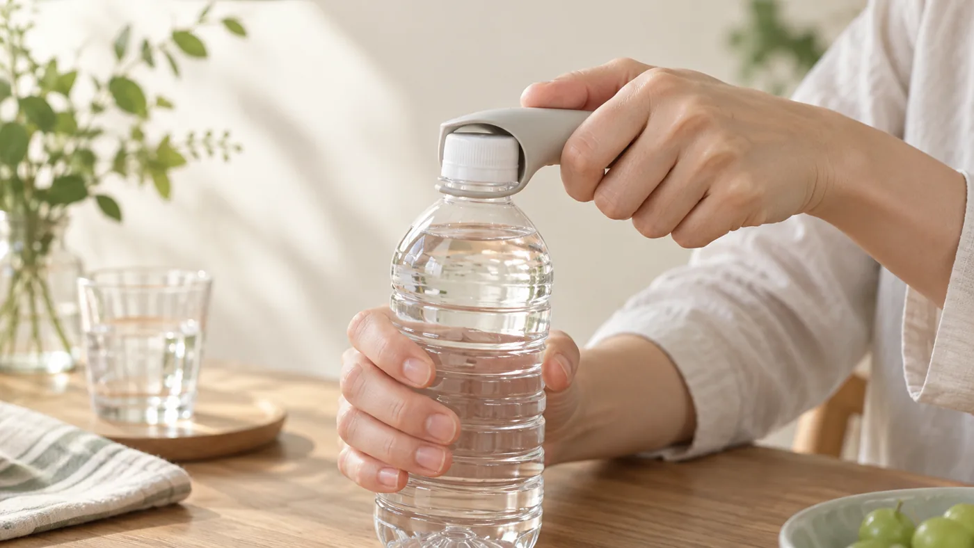 ペットボトルのふたに補助具を当てたイメージ