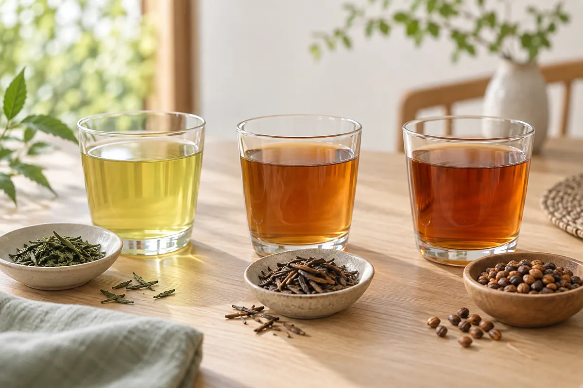 緑茶・ほうじ茶・麦茶をイメージした三つのグラス