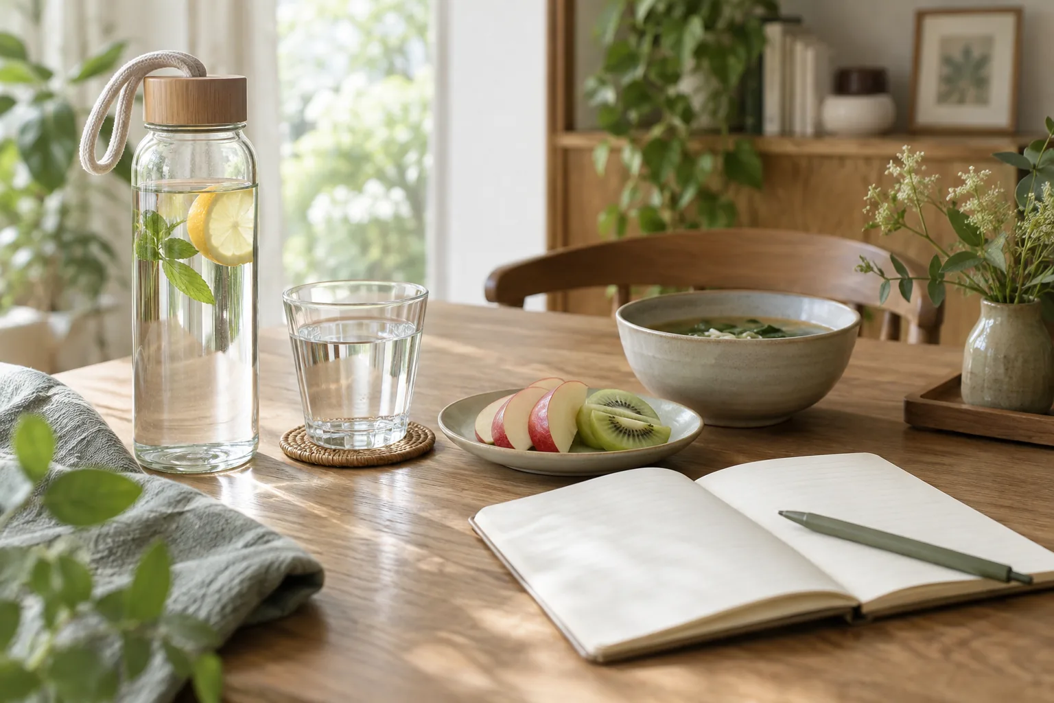 飲み物と食事の水分を日常で振り返るイメージ