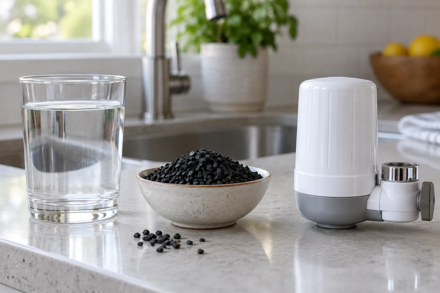 自作フィルターの材料と市販浄水器を分けて置いたイメージ