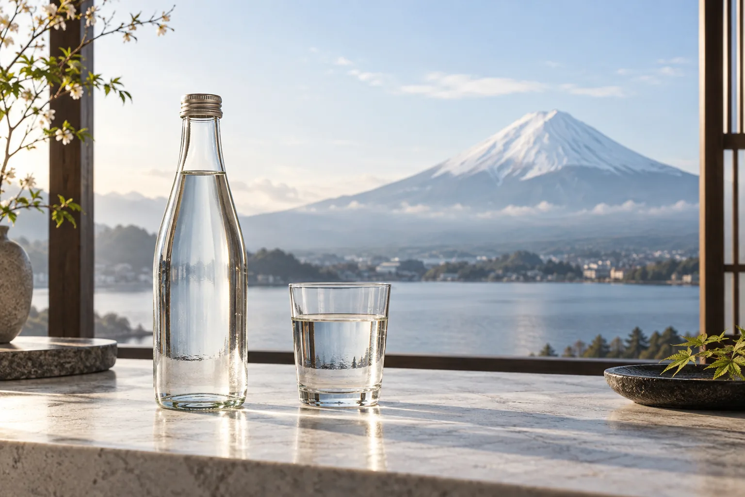 富士山を遠景にした水のボトルとグラスのイメージ