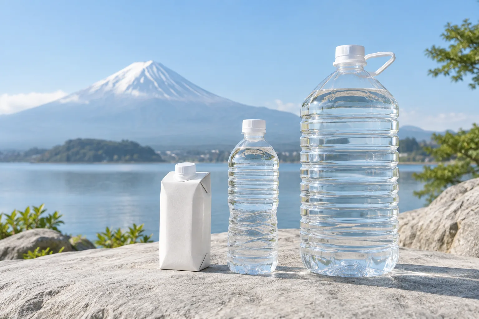 富士山を背景に紙パック・ボトル・大容量容器を並べたイメージ