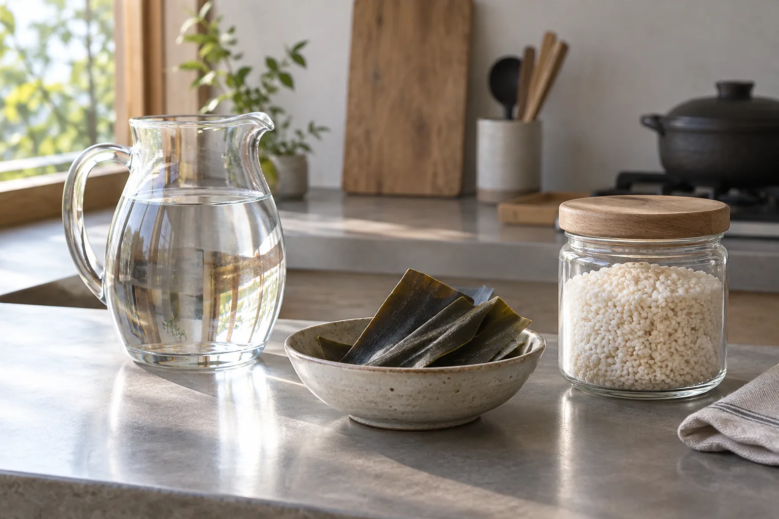 飲み水と昆布・麹を別々に用意したキッチンのイメージ
