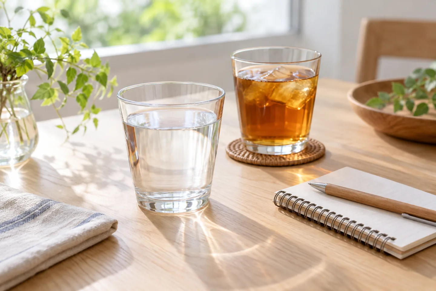 水と麦茶を並べたイメージ