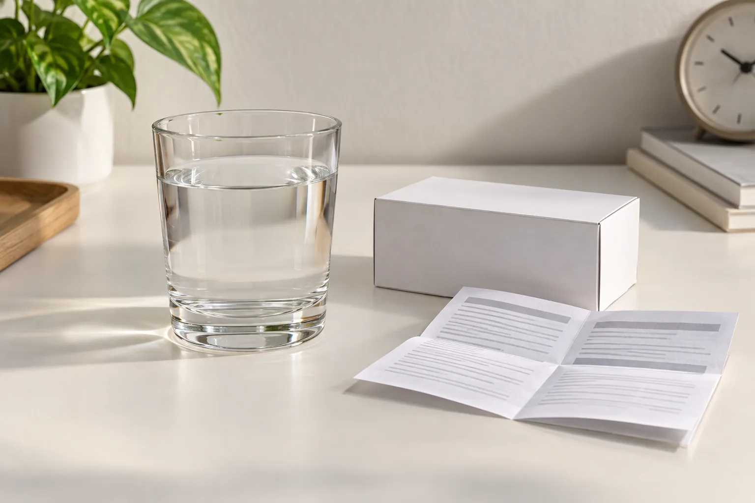 コップの水と無地の薬箱・説明書を並べたイメージ