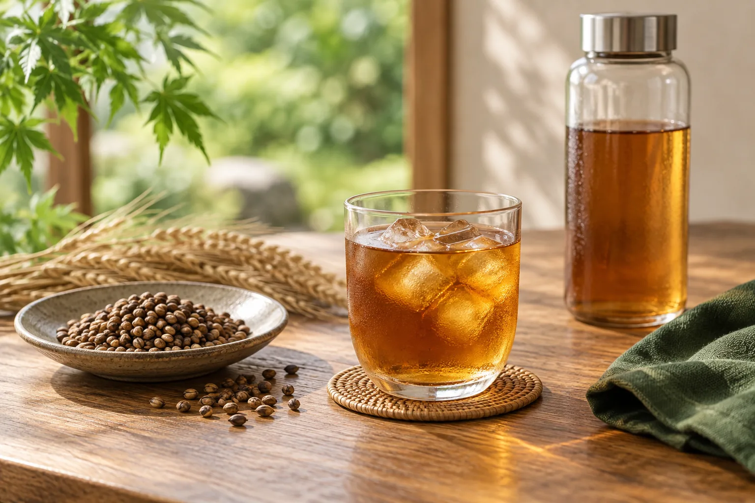 グラスに注いだ麦茶と大麦、無地のボトル