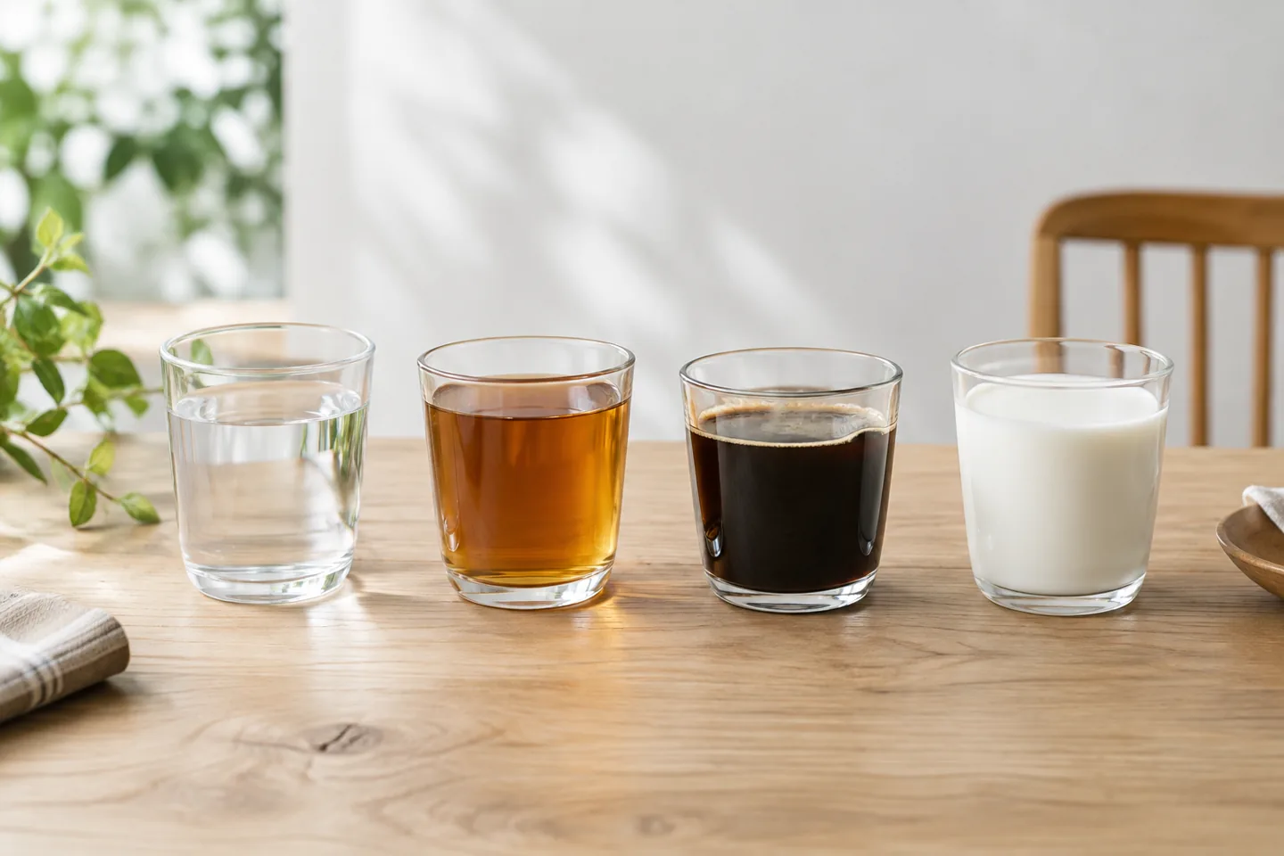 水・麦茶・コーヒー・牛乳を並べたイメージ