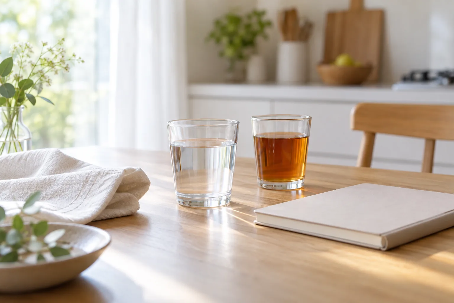 水と麦茶を食卓に並べたイメージ