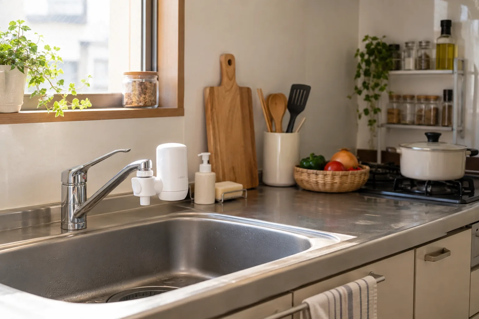 賃貸住宅のキッチンに取り外し可能な浄水器を置いたイメージ