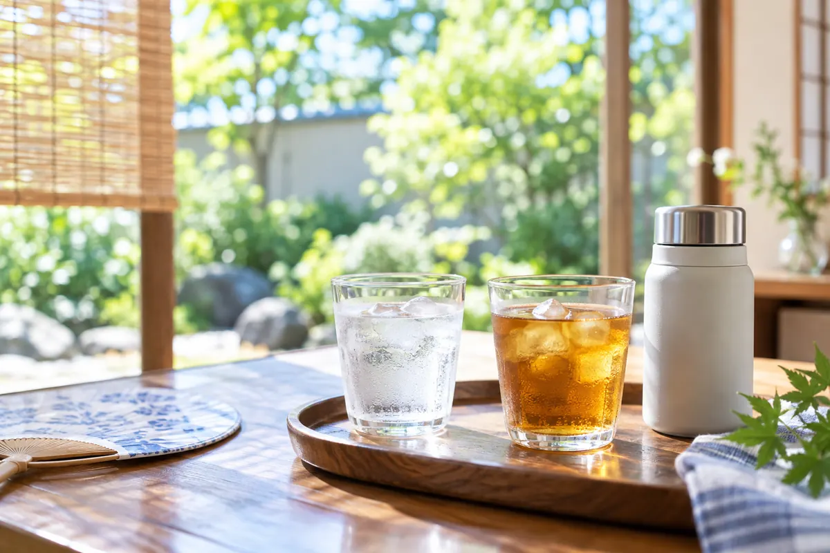 夏の室内に置いた冷たい水と麦茶
