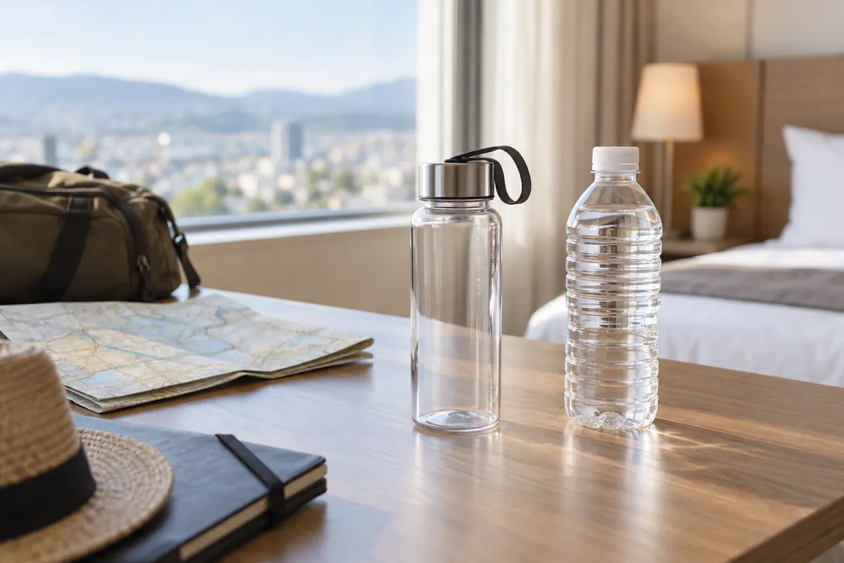 旅行先のデスクに置いた飲料水と空の水筒