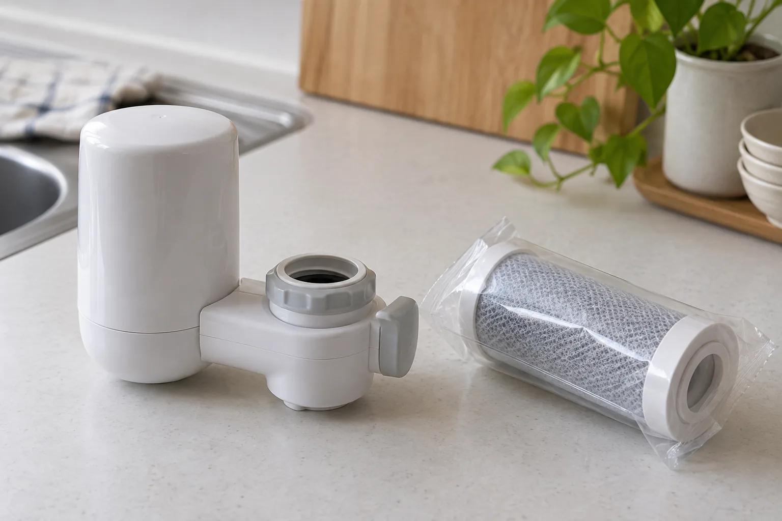 中古浄水器本体と新しい交換品を確認するイメージ