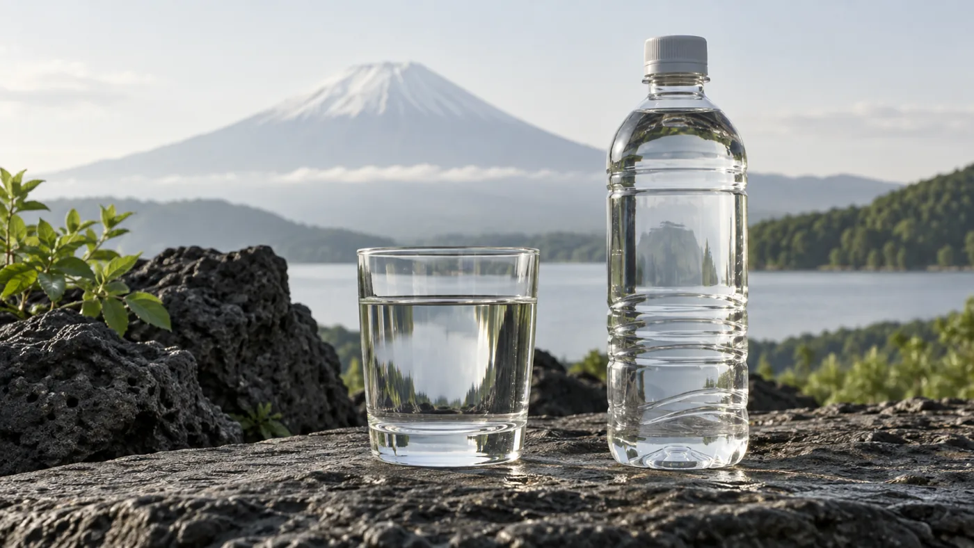 富士山を背景にした水のボトルのイメージ